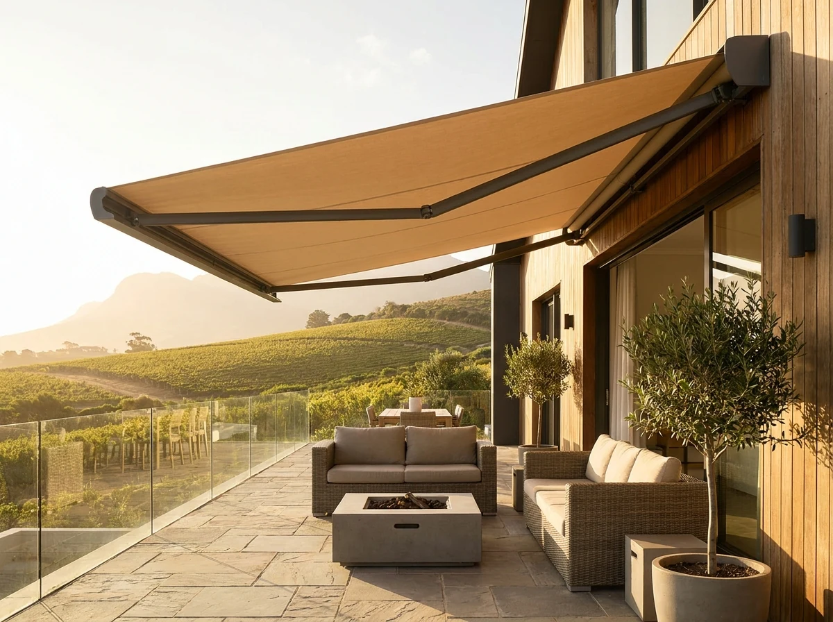 Folding-arm fabric awning extended over a patio in a Northern Suburbs Cape Town home overlooking vineyard rows