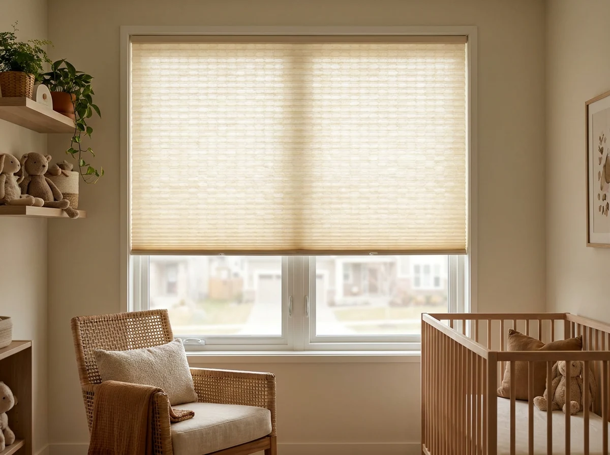 Cellular honeycomb blind with hexagonal cells lowered over a nursery window in a Northern Suburbs Cape Town home