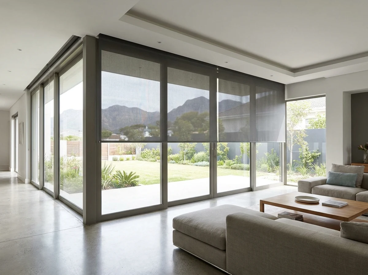 Concealed ceiling-recessed blind box with fabric dropping across a double-volume window in a modern Northern Suburbs Cape Town estate home