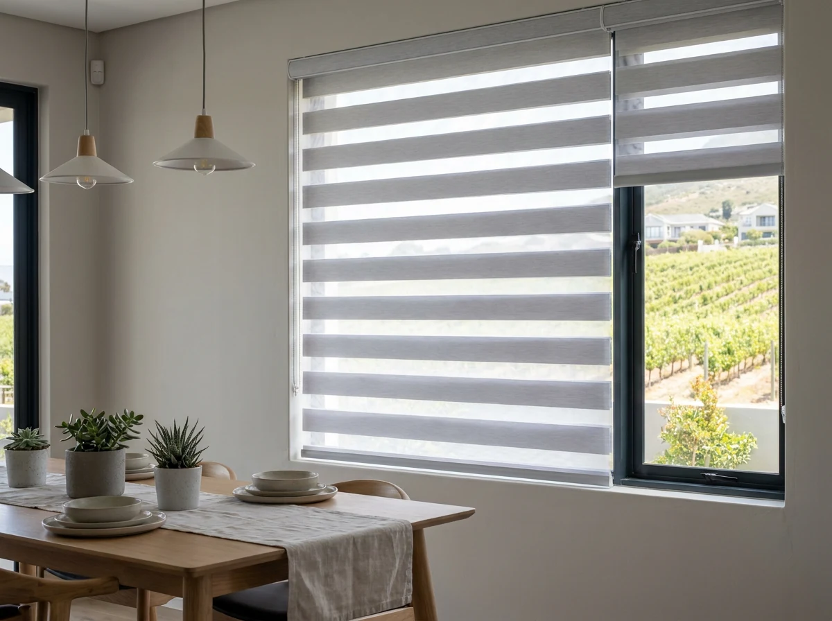 Day and night zebra blind with alternating sheer and solid bands in a Northern Suburbs Cape Town dining room