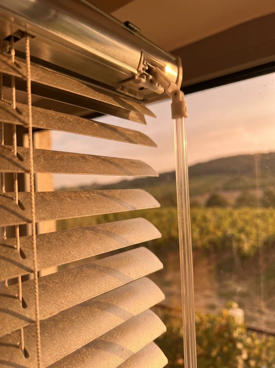 Aluminium venetian blind slat and tilt-wand hardware detail against a blurred Tygerberg hillside view, warmed by late-afternoon light