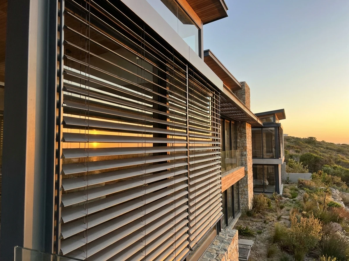 Wide aluminium external venetian blind slats mounted outside a west-facing window on a Northern Suburbs Cape Town ridge-top home