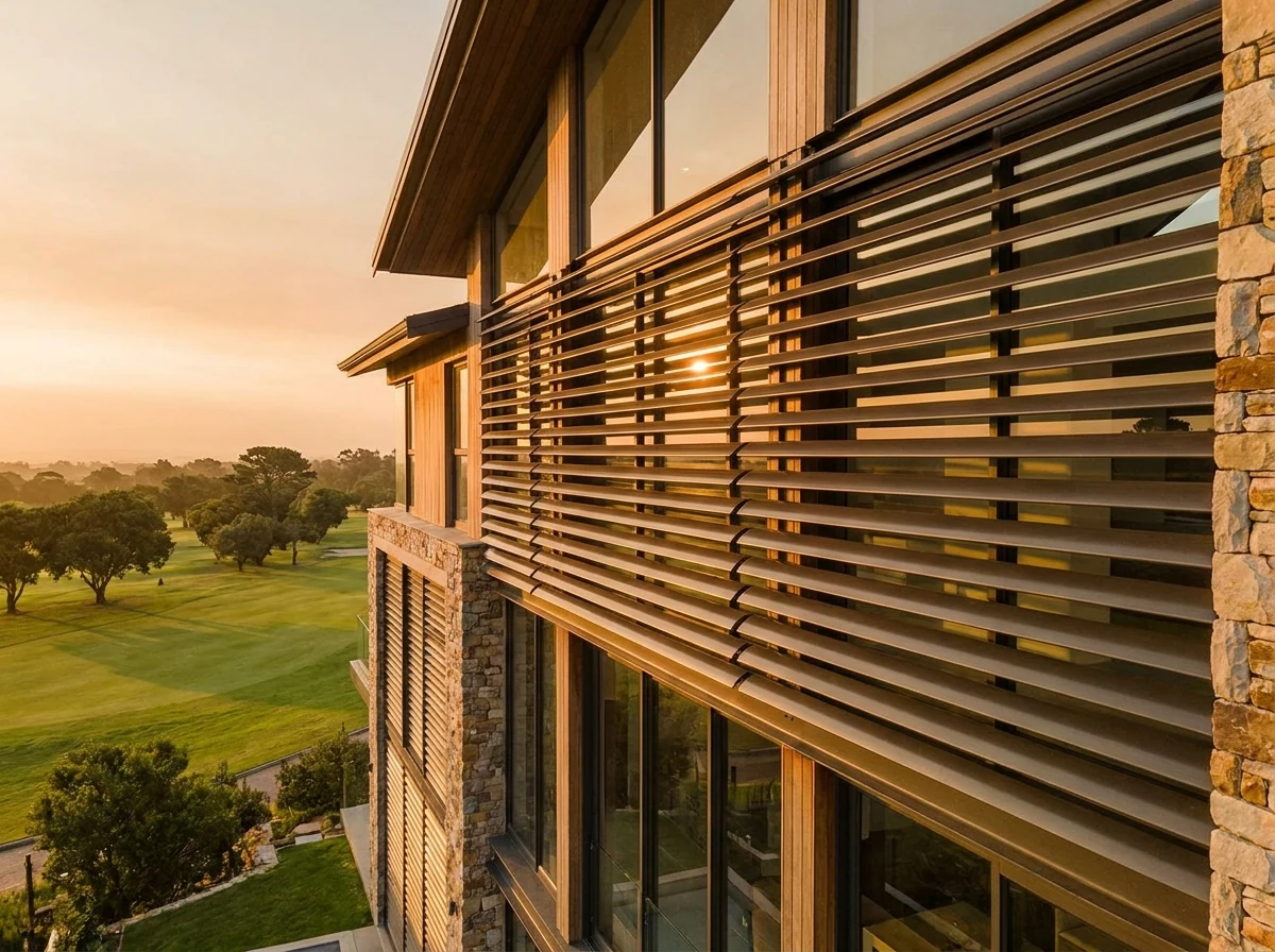 External aluminium venetian blinds on a west-facing facade of a double-storey home in Welgemoed, Bellville, overlooking a golf course from an elevated ridge-top position