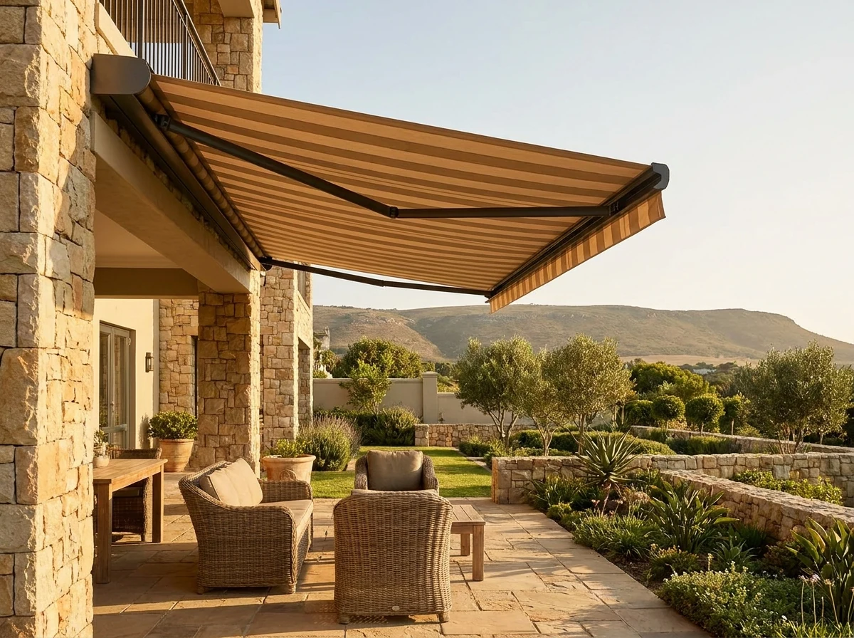 Folding-arm fabric awning extended over a patio in a gated estate home in Kanonberg, Bellville, with the Tygerberg ridge in the background