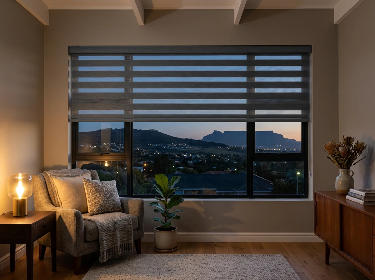 Day and night zebra blind lowered across a large window in a Northern Suburbs Cape Town home at dusk with a ridge-view sky beyond
