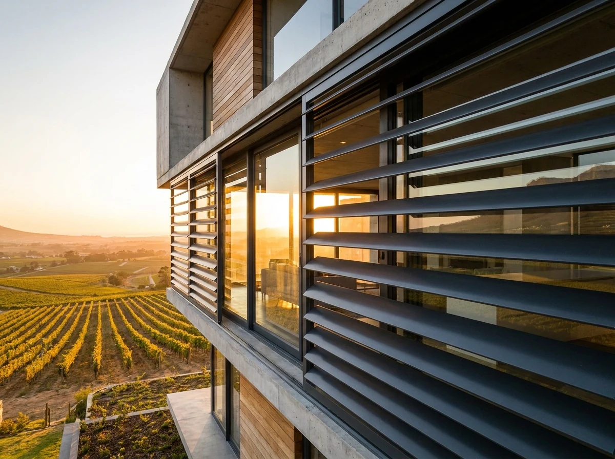 Wide aluminium external venetian blind slats mounted outside floor-to-ceiling glazing on a Northern Suburbs Cape Town ridge-top view home