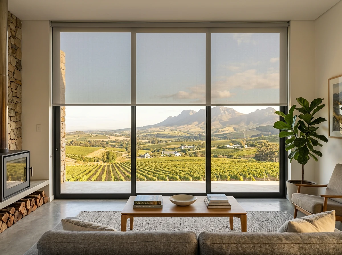 Sunscreen roller blind lowered across a wide window in a Northern Suburbs Cape Town living room with a vineyard and hillside view