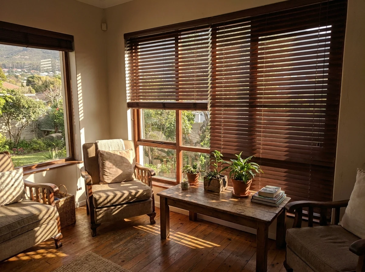 Timber venetian blind with wide tilted slats in a warm-toned window of an established Northern Suburbs Cape Town home