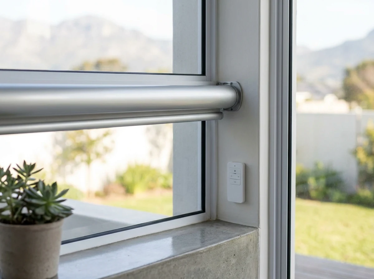 Motorised roller blind tube with a wall-mounted remote control in a Northern Suburbs Cape Town family window