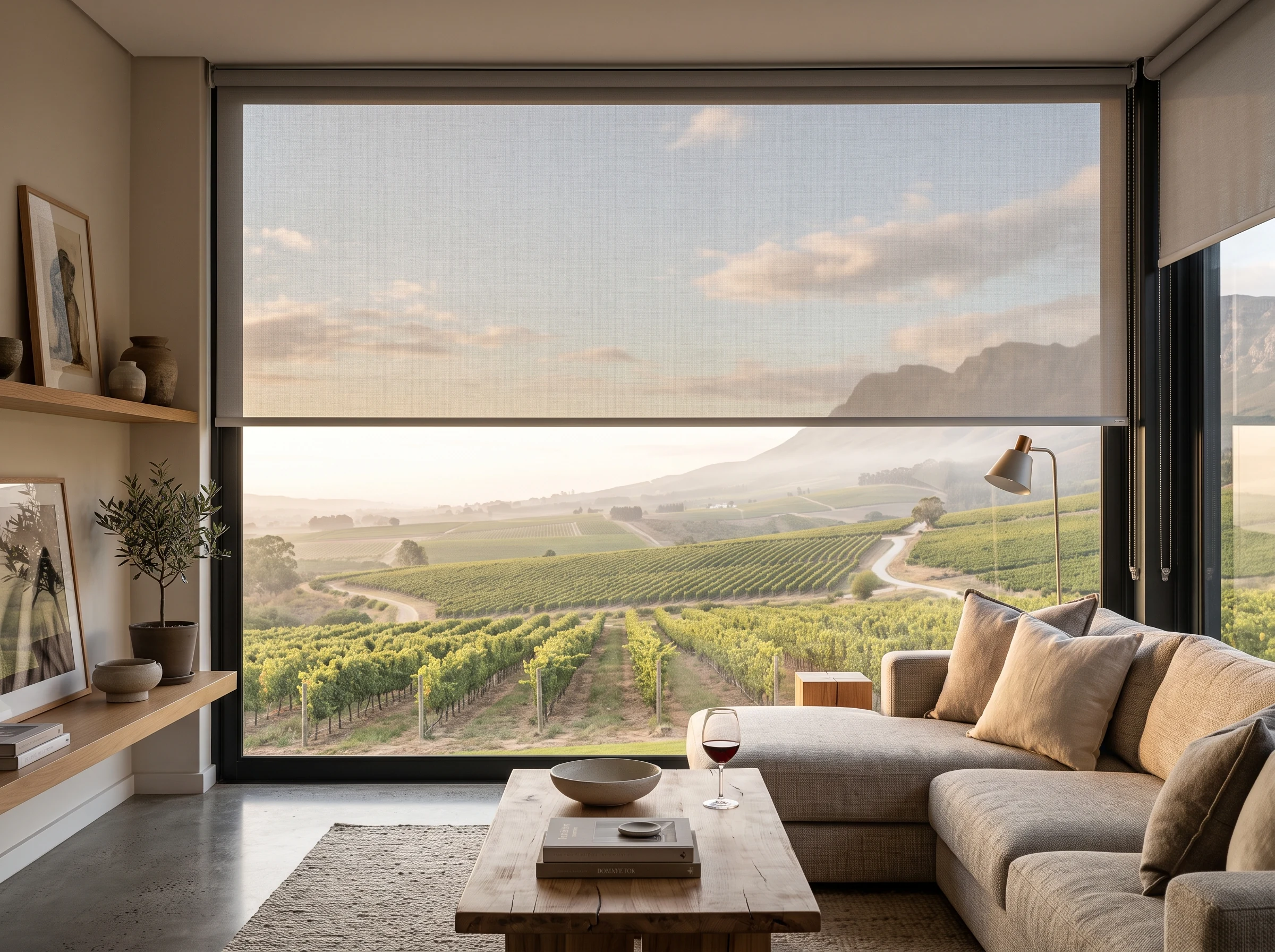 Sunscreen roller blind lowered across a large window in a Durbanville, Cape Town lounge overlooking wine-farm vineyard rows and morning fog on the Tygerberg hillside