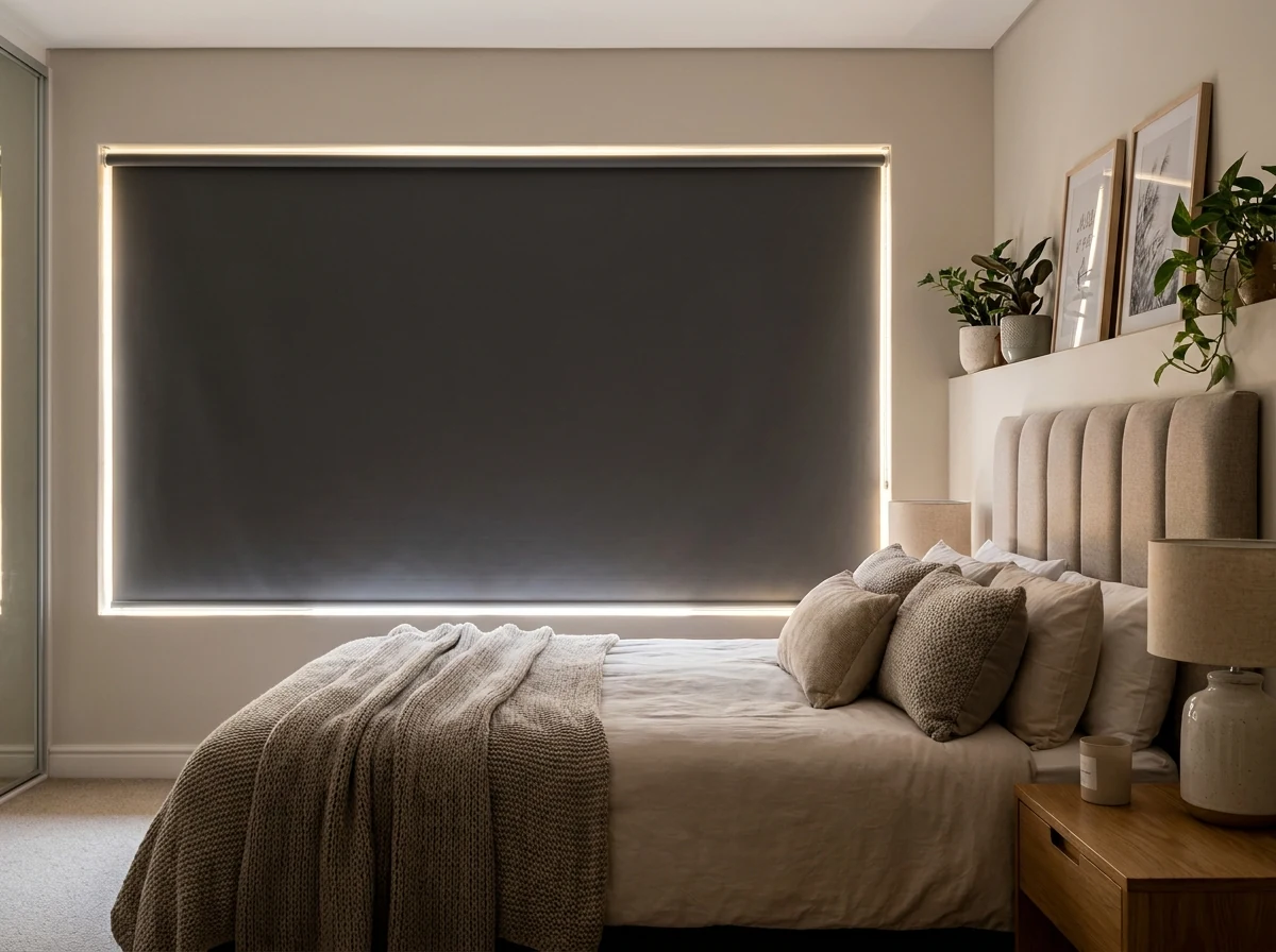 Charcoal blockout roller blind lowered across a bedroom window in a Northern Suburbs Cape Town family home