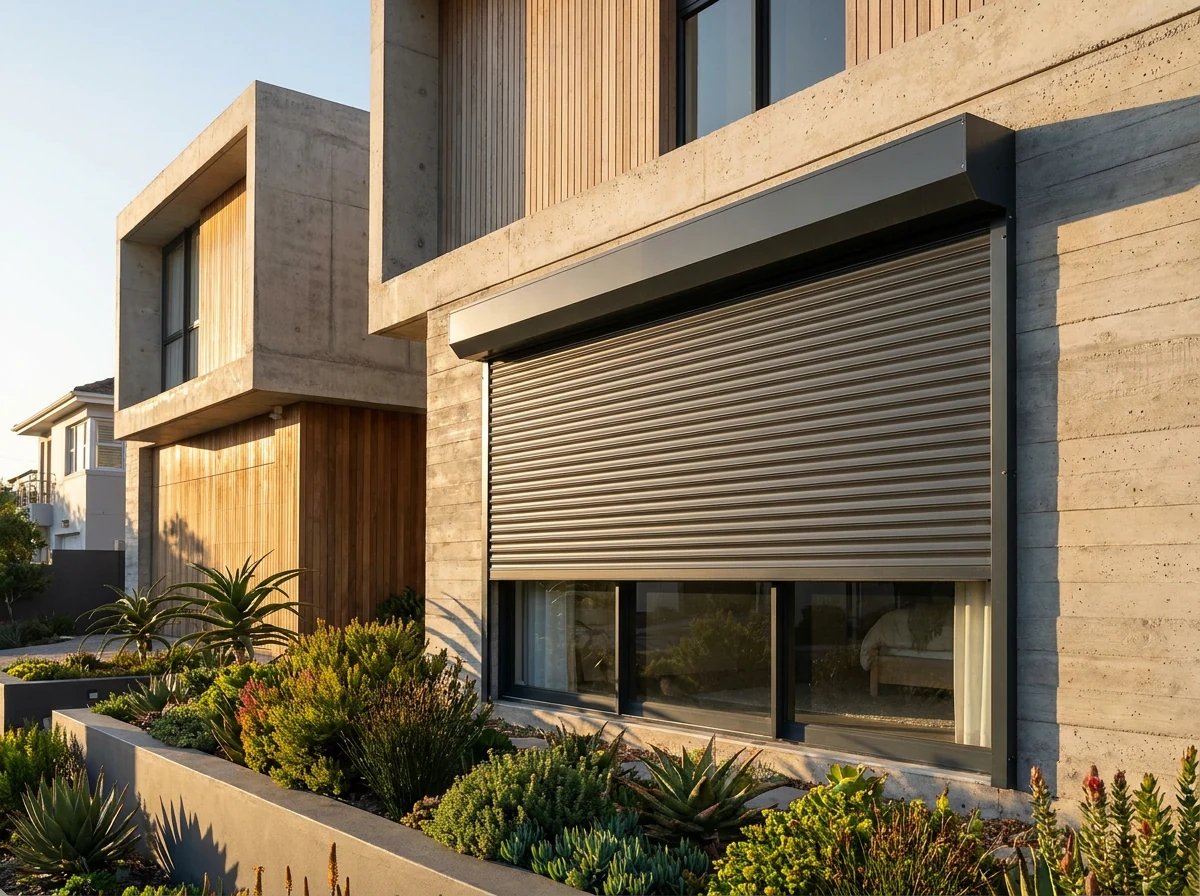 External aluminium roller shutter partly lowered from a headbox outside a Northern Suburbs Cape Town home