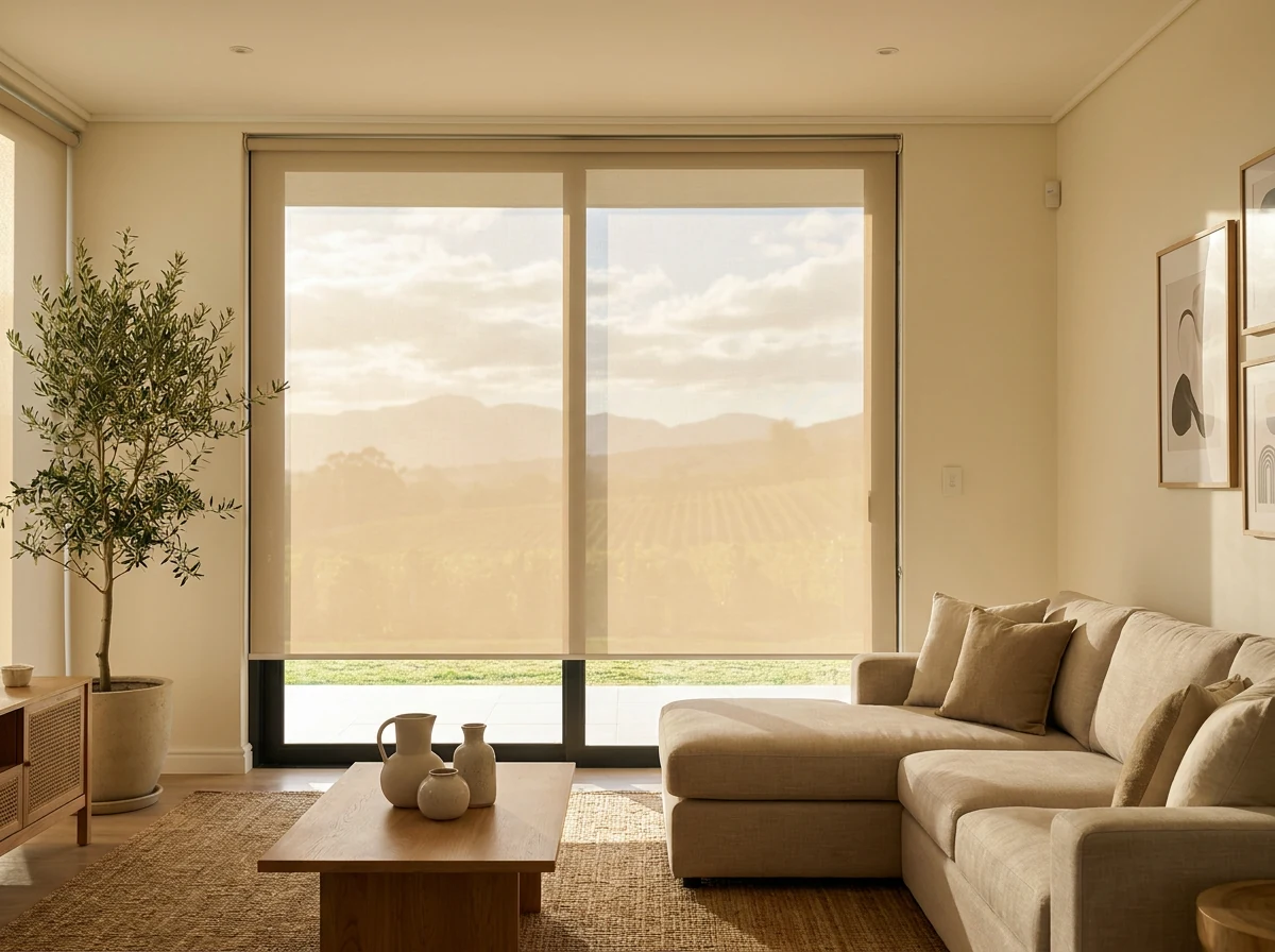 Sunscreen roller blind lowered across a Northern Suburbs Cape Town living room window with a vineyard and hillside view
