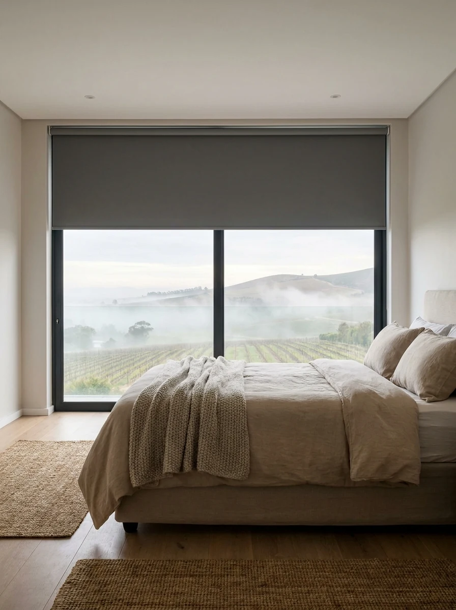 Blockout roller blind in a Northern Suburbs Cape Town main bedroom with morning fog over the Tygerberg hills and vineyard rows