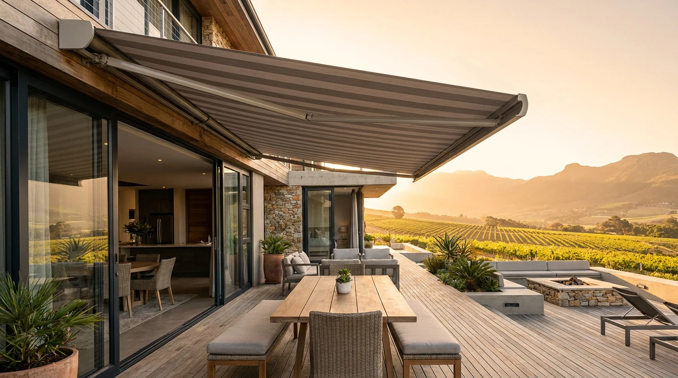 Folding-arm awning extended over a Northern Suburbs Cape Town patio with a vineyard and hillside view at golden hour
