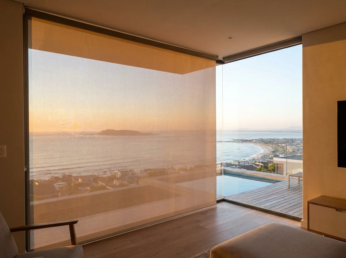 Fine sunscreen mesh roller blind lowered across a frameless-corner window in a modern Plattekloof, Cape Town home with a Table Bay view