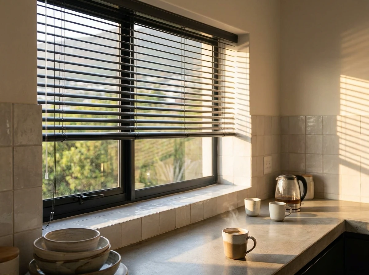 Slim aluminium venetian blind with tilted slats in a Northern Suburbs Cape Town kitchen window