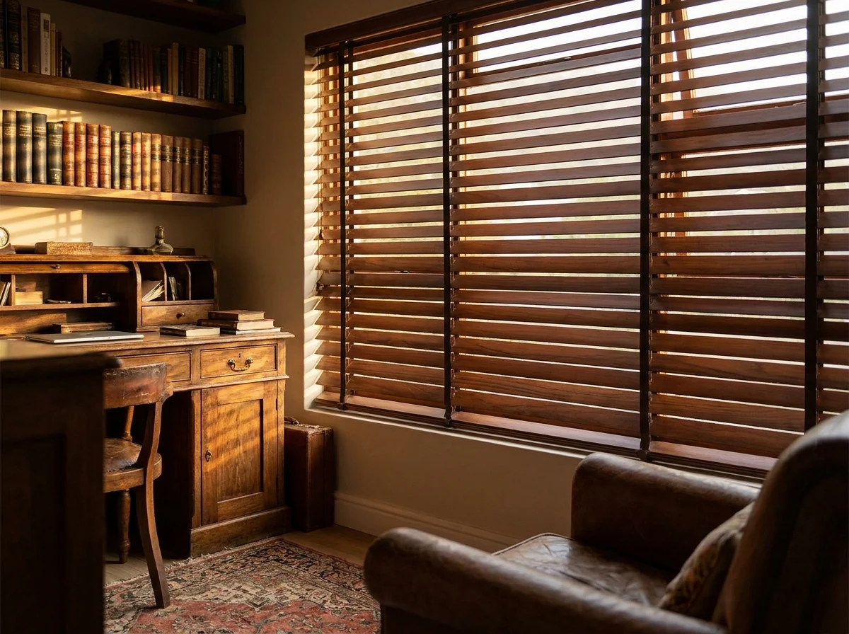 Wide timber venetian blind slats in a study window of an established Northern Suburbs Cape Town home