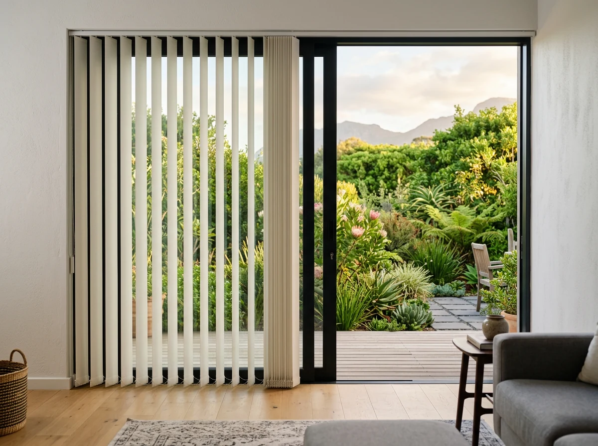 Vertical blind vanes beside a wide sliding door onto a landscaped garden in a Northern Suburbs Cape Town home